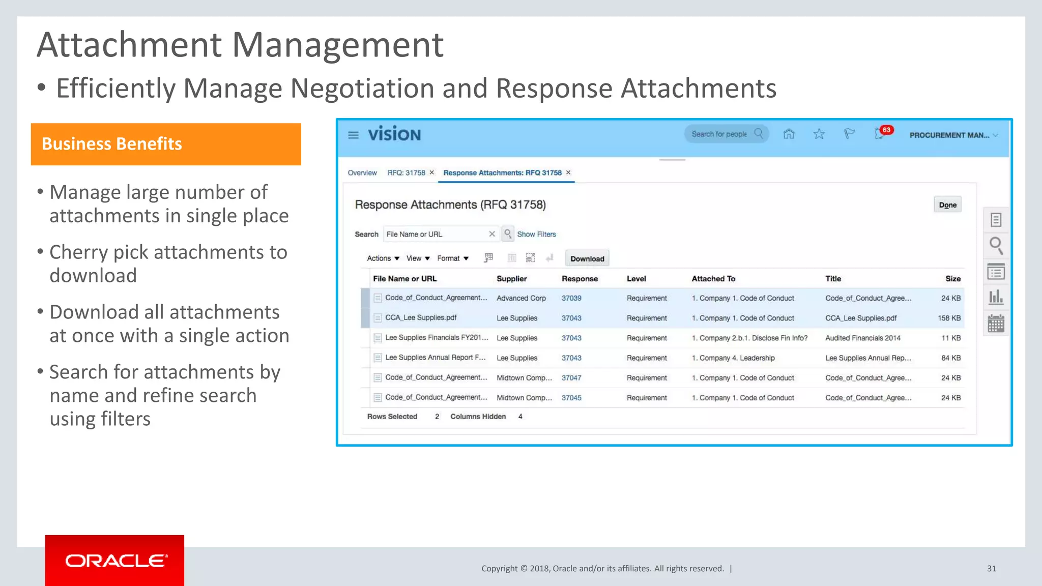 Copyright © 2018, Oracle and/or its affiliates. All rights reserved. |
• Efficiently Manage Negotiation and Response Attachments
Attachment Management
Business Benefits
• Manage large number of
attachments in single place
• Cherry pick attachments to
download
• Download all attachments
at once with a single action
• Search for attachments by
name and refine search
using filters
31
 