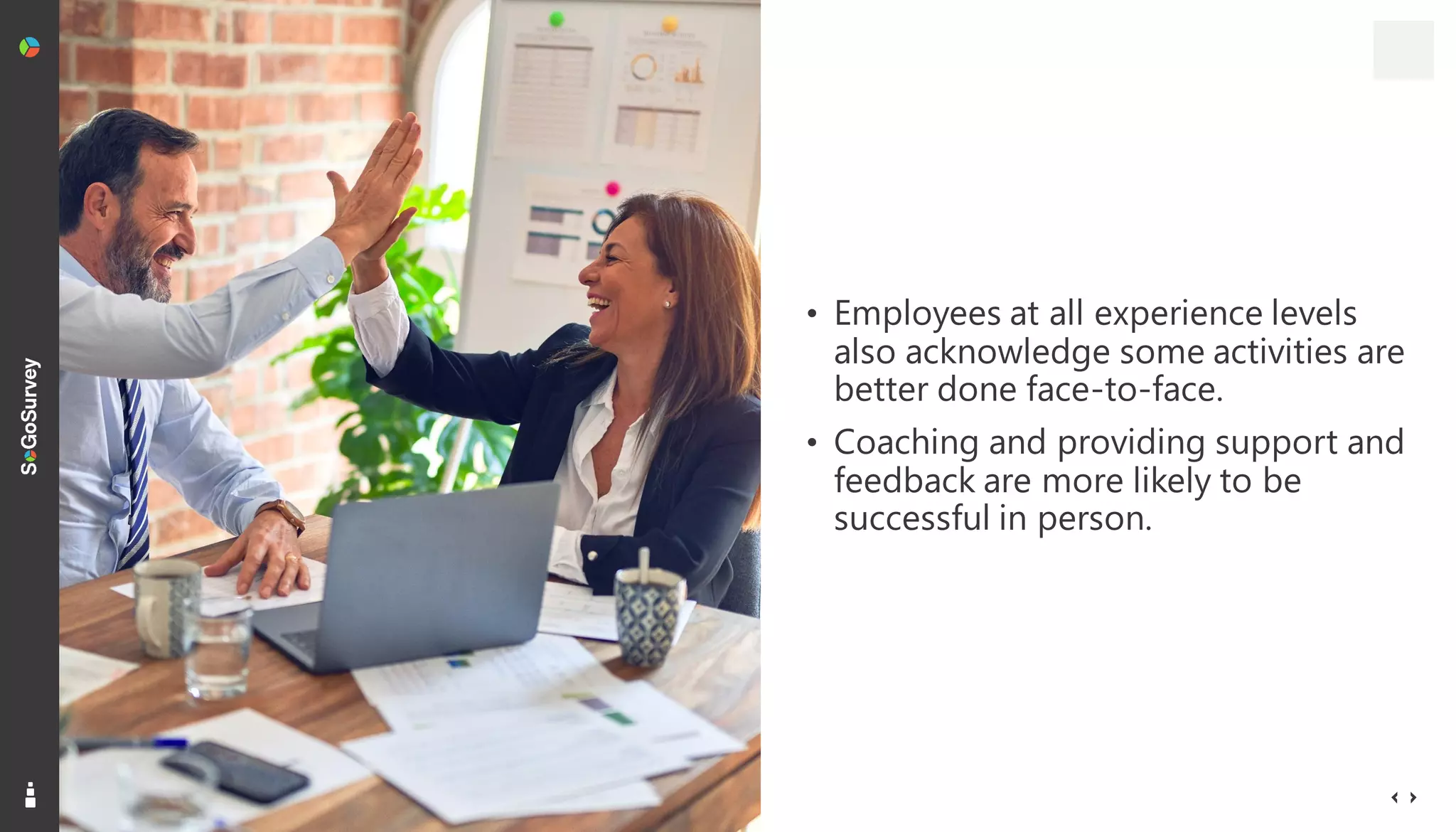 18
• Employees at all experience levels
also acknowledge some activities are
better done face-to-face.
• Coaching and providing support and
feedback are more likely to be
successful in person.
 
