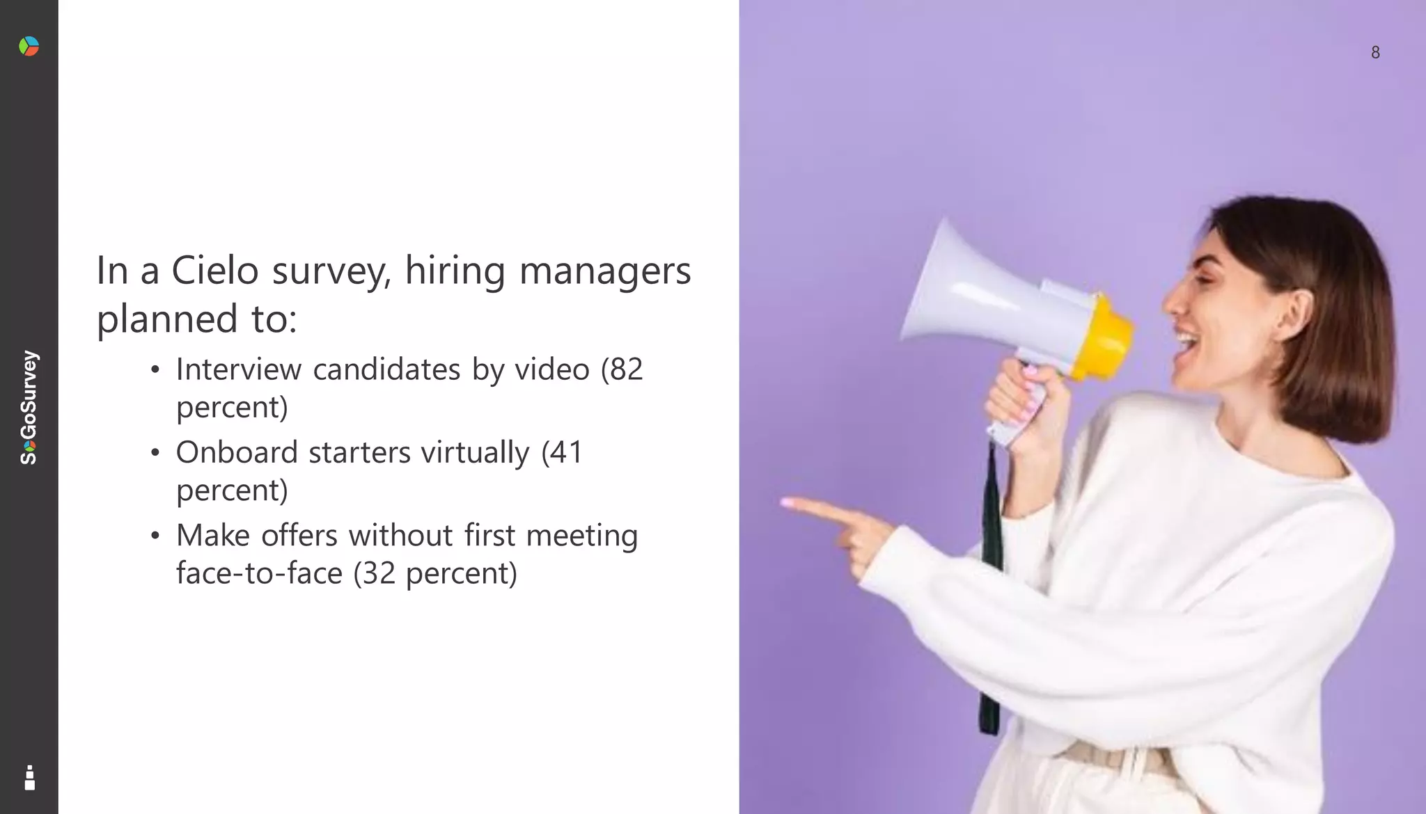 8
In a Cielo survey, hiring managers
planned to:
• Interview candidates by video (82
percent)
• Onboard starters virtually (41
percent)
• Make offers without first meeting
face-to-face (32 percent)
 