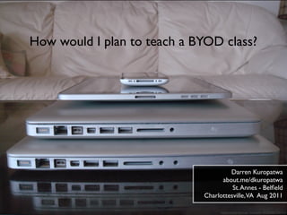 How would I plan to teach a BYOD class?




                                      Darren Kuropatwa
                                   about.me/dkuropatwa
                                       St. Annes - Belﬁeld
                             Charlottesville,VA Aug 2011

                                   Apple mobile devices / Kenneth / CC BY-NC-ND 2.0
 