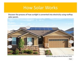 How Solar Works
1
2
4
5
3
Click on the gray circles to find out more.
Next
Discover the process of how sunlight is converted into electricity using rooftop
solar panels.
 