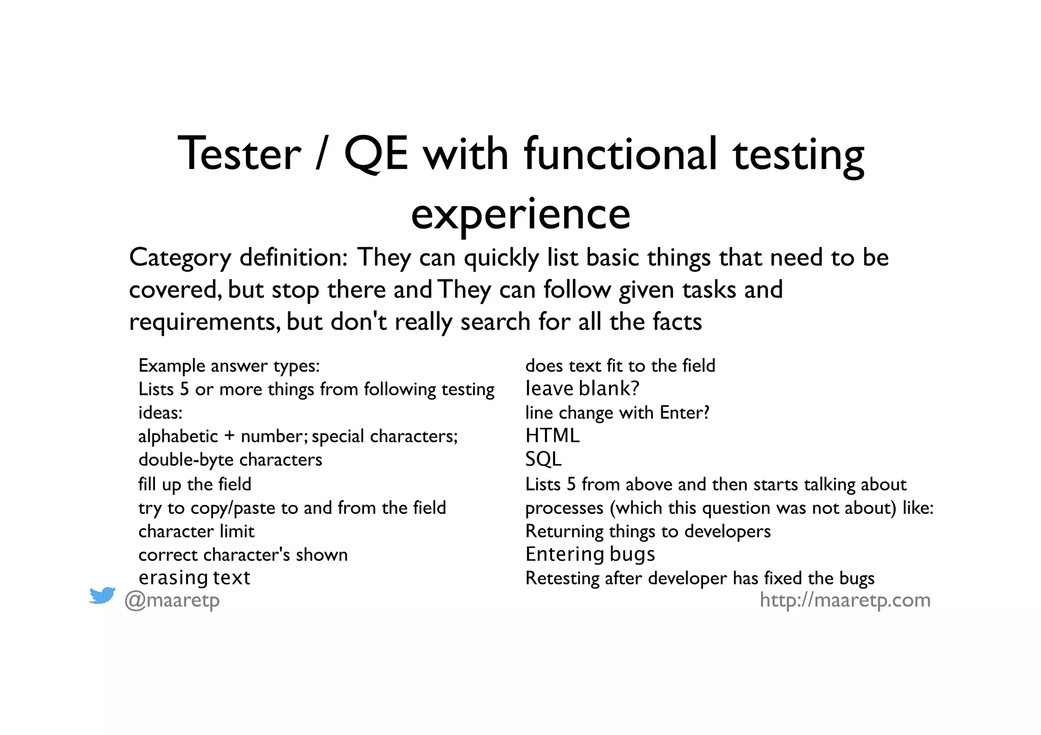 @maaretp http://maaretp.com
Tester / QE with functional testing
experience
Category definition: They can quickly list basic things that need to be
covered, but stop there and They can follow given tasks and
requirements, but don't really search for all the facts
Example answer types:
Lists 5 or more things from following testing
ideas:
alphabetic + number; special characters;
double-byte characters
fill up the field
try to copy/paste to and from the field
character limit
correct character's shown
erasing text
does text fit to the field
leave blank?
line change with Enter?
HTML
SQL
Lists 5 from above and then starts talking about
processes (which this question was not about) like:
Returning things to developers
Entering bugs
Retesting after developer has fixed the bugs
 