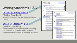 Writing Standards 1 & 2
CCSS.ELA-Literacy.WHST.1
(Anchor Standard)
Write arguments focused on discipline-specific
content.
CCSS.ELA-Literacy.WHST.2
(Anchor Standard)
Write informative/explanatory texts, including
the narration of historical events, scientific
procedures/ experiments, or technical processes.
 
