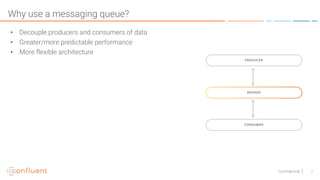 7Confidential
Why use a messaging queue?
• Decouple producers and consumers of data
• Greater/more predictable performance
• More flexible architecture
 