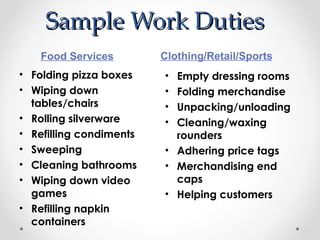 Sample Work Duties
    Food Services        Clothing/Retail/Sports
• Folding pizza boxes    • Empty dressing rooms
• Wiping down            • Folding merchandise
  tables/chairs          • Unpacking/unloading
• Rolling silverware     • Cleaning/waxing
• Refilling condiments     rounders
• Sweeping               • Adhering price tags
• Cleaning bathrooms     • Merchandising end
• Wiping down video        caps
  games                  • Helping customers
• Refilling napkin
  containers
 