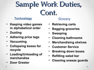 Sample Work Duties,
            Cont.
     Technology                  Grocery
• Keeping video games     •   Retrieving carts
  in alphabetical order   •   Bagging groceries
• Dusting                 •   Sweeping
• Adhering price tags     •   Cleaning bathrooms
• Vacuuming               •   Merchandising shelves
• Collapsing boxes for    •   Customer Service
  recycle                 •   Breaking down boxes
• Loading/Unloading of    •   Refilling salad bar
  merchandise
                          •   Cleaning sneeze guards
• Door Greeter
 