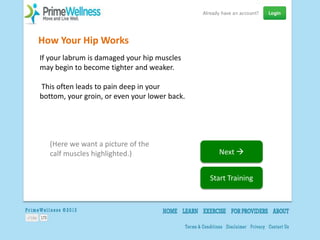 How Your Hip Works
If your labrum is damaged your hip muscles
may begin to become tighter and weaker.

This often leads to pain deep in your
bottom, your groin, or even your lower back.




   (Here we want a picture of the
   calf muscles highlighted.)                    Next 


                                               Start Training
 