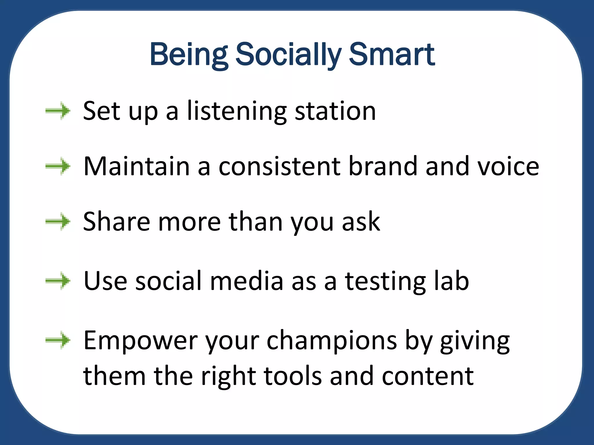 Being Socially Smart
Set up a listening station
Maintain a consistent brand and voice

Share more than you ask
Use social media as a testing lab

Empower your champions by giving
them the right tools and content

 