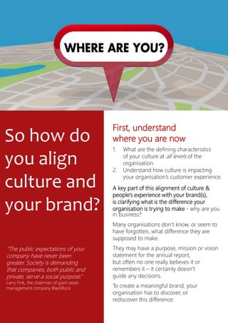 So how do
you align
culture and
your brand?
First, understand
where you are now
1. What are the defining characteristics
o...