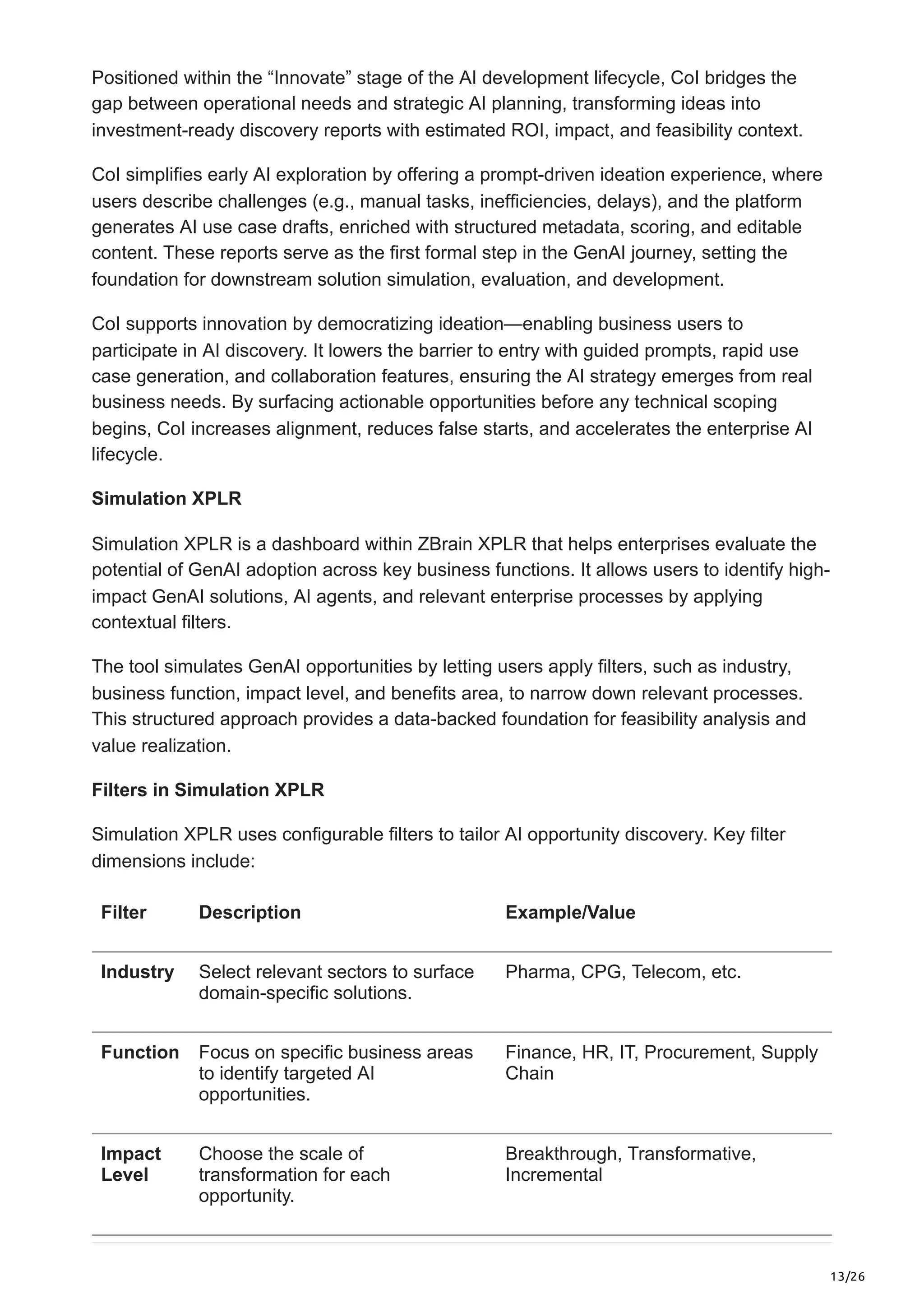 13/26
Positioned within the “Innovate” stage of the AI development lifecycle, CoI bridges the
gap between operational needs and strategic AI planning, transforming ideas into
investment-ready discovery reports with estimated ROI, impact, and feasibility context.
CoI simplifies early AI exploration by offering a prompt-driven ideation experience, where
users describe challenges (e.g., manual tasks, inefficiencies, delays), and the platform
generates AI use case drafts, enriched with structured metadata, scoring, and editable
content. These reports serve as the first formal step in the GenAI journey, setting the
foundation for downstream solution simulation, evaluation, and development.
CoI supports innovation by democratizing ideation—enabling business users to
participate in AI discovery. It lowers the barrier to entry with guided prompts, rapid use
case generation, and collaboration features, ensuring the AI strategy emerges from real
business needs. By surfacing actionable opportunities before any technical scoping
begins, CoI increases alignment, reduces false starts, and accelerates the enterprise AI
lifecycle.
Simulation XPLR
Simulation XPLR is a dashboard within ZBrain XPLR that helps enterprises evaluate the
potential of GenAI adoption across key business functions. It allows users to identify high-
impact GenAI solutions, AI agents, and relevant enterprise processes by applying
contextual filters.
The tool simulates GenAI opportunities by letting users apply filters, such as industry,
business function, impact level, and benefits area, to narrow down relevant processes.
This structured approach provides a data-backed foundation for feasibility analysis and
value realization.
Filters in Simulation XPLR
Simulation XPLR uses configurable filters to tailor AI opportunity discovery. Key filter
dimensions include:
Filter Description Example/Value
Industry Select relevant sectors to surface
domain-specific solutions.
Pharma, CPG, Telecom, etc.
Function Focus on specific business areas
to identify targeted AI
opportunities.
Finance, HR, IT, Procurement, Supply
Chain
Impact
Level
Choose the scale of
transformation for each
opportunity.
Breakthrough, Transformative,
Incremental
 