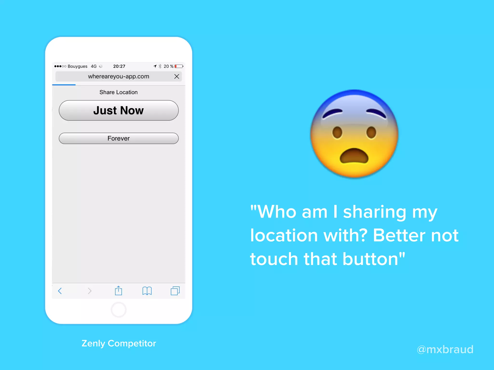 @mxbraud
"Who am I sharing my
location with? Better not
touch that button"
Zenly Competitor
 