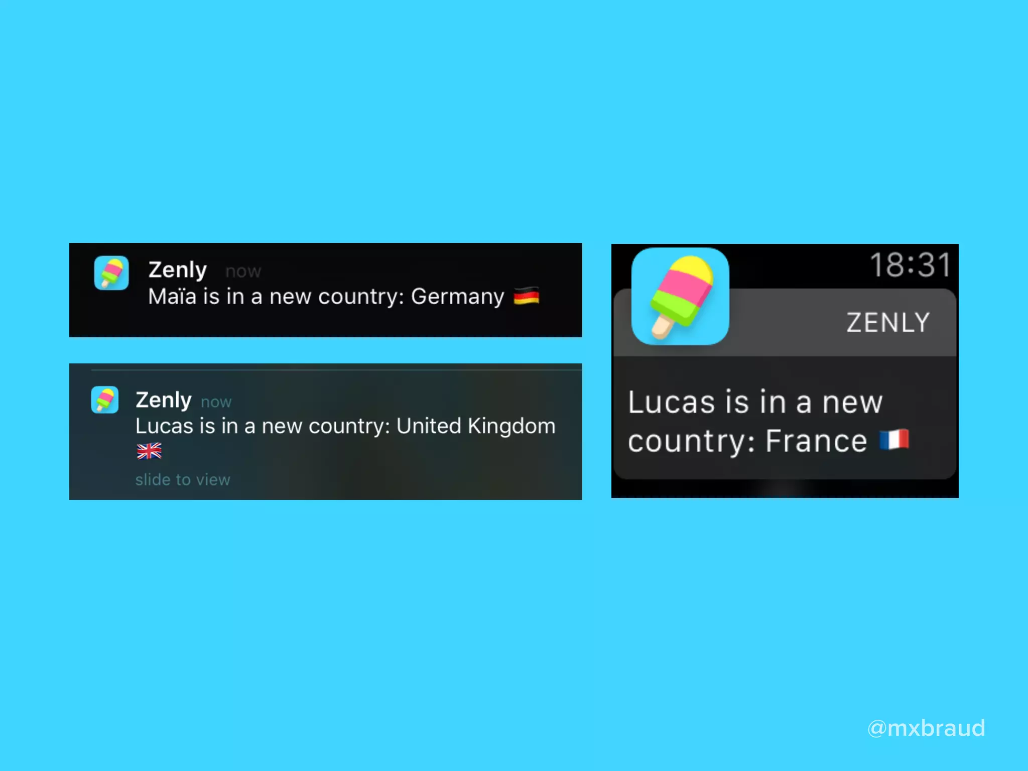 You get a notiﬁcation
every time a friend lands
in another country.
@mxbraud
 