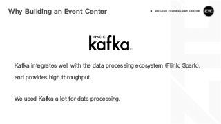 Why Building an Event Center
Kafka integrates well with the data processing ecosystem (Flink, Spark),
and provides high throughput.
We used Kafka a lot for data processing.
 