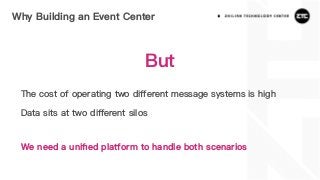 Why Building an Event Center
The cost of operating two diﬀerent message systems is high
Data sits at two diﬀerent silos
But
We need a uniﬁed platform to handle both scenarios
 