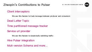 Zhaopin’s Contributions to Pulsar
Client interceptors
We use this feature to track message between producer and consumers
Dead Letter Topic
Time partitioned message tracker
Service url provider
We use this feature to dynamically switching traﬃc
Hive Pulsar integration
Muti-version Schema and more…
 
