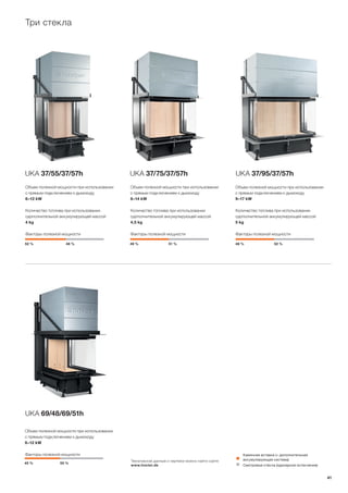 45 %
52 % 48 % 49 % 51 % 48 % 52 %
55 %
UKA 37/75/37/57h UKA 37/95/37/57h
UKA 69/48/69/51h
UKA 37/55/37/57h
Объем полезной мощности при использовании
с прямым подключением к дымоходу
6–12 kW
Количество топлива при использовании
сдополнительной аккумулирующей массой
4 kg
Факторы полезной мощности
Объем полезной мощности при использовании
с прямым подключением к дымоходу
8–14 kW
Количество топлива при использовании
сдополнительной аккумулирующей массой
4,5 kg
Факторы полезной мощности
Объем полезной мощности при использовании
с прямым подключением к дымоходу
9–17 kW
Количество топлива при использовании
сдополнительной аккумулирующей массой
5 kg
Факторы полезной мощности
Объем полезной мощности при использовании
с прямым подключением к дымоходу
6–12 kW
Факторы полезной мощности
Три стекла
Каминная вставка (+ дополнительная
аккумулирующая система)
Смотровые стекла (одинарное остекление)
Технические данные и чертежи можно найти сайте
www.hoxter.de
41
 