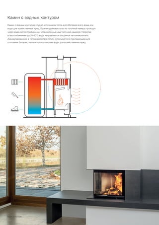 ECKA 50/35/45Wh
Камин с водным контуром
Камин с водным контуром служит источником тепла для обогрева всего дома или
воды для хозяйственных нужд. Горячие дымовые газы из топочной камеры проходят
через водяной теплообменник, установленный над топочной камерой. Нагретая
в теплообменнике до 70-80°C вода направляется в водяной теплонакопитель.
Аккумулированное в теплонакопителе тепло используется в последующем для
отопления батарей, теплых полов и нагрева воды для хозяйственных нужд.
 