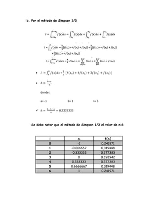 b. Por el método de Simpson 1/3

=

donde :
a= -1

b= 1

n= 6



Se debe notar que el método de Simpson 1/3 el valor de n:6

i

xi

f(xi)

0
1
2
3
4
5
6

-1
-0.666667
-0.333333
0
0.333333
0.6666667
1

0.241971
0.319448
0.377383
0.398942
0.377383
0.319448
0.241971

 