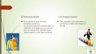 El franquiciador
 Es la persona que inicia la
empresa jurídica y
económicamente independiente,
además es el que promueve una
red de franquicia, donde es el
responsable y tutor permanente.
Los fraquiciados
 Son aquellos que adquieren o
compran la idea del negocio
inicial.
 