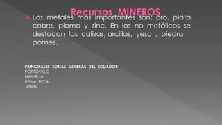  Los metales más importantes son: oro, plata
cobre, plomo y zinc. En los no metálicos se
destacan las calizas, arcillas, yeso , piedra
pómez.
PRINCIPALES ZONAS MINERAS DEL ECUADOR
PORTOVELO
NAMBIJA
BELLA RICA
JUNÍN
 