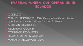  CODELCO
 CHANEL RESOURCES LTDA Compañía Canadiense
que busca oro en el sector de El Mozo.
 AURELIAN RESOURCES
 ASCEMDAT COOPER
 CORRIENTE RESOURCES
 DINASTY METAL & Minerales
 MARIANA RESOURCES LTDA
 