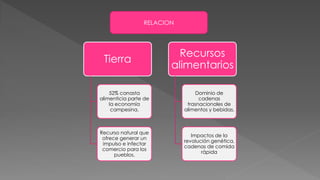 Tierra
52% canasta
alimenticia parte de
la economía
campesina.
Recurso natural que
ofrece generar un
impulso e infectar
comercio para los
pueblos.
Recursos
alimentarios
Dominio de
cadenas
trasnacionales de
alimentos y bebidas.
Impactos de la
revolución genética,
cadenas de comida
rápida
RELACION
 