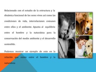 Relacionado con el estudio de la estructura y la
dinámica funcional de los seres vivos así como las
condiciones de vida, interrelaciones comunes
entre ellos y el ambiente. Apunta al equilibrio
entre el hombre y la naturaleza para la
conservación del medio ambiente y el desarrollo
sostenible.
Podemos mostrar un ejemplo de esto en la
existe entre el hombre y larelación que
naturaleza
 
