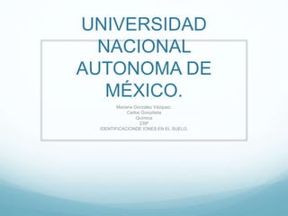 UNIVERSIDAD
NACIONAL
AUTONOMA DE
MÉXICO.
Mariana González Vázquez.
Carlos Goroztieta
Química
239ª
IDENTIFICACIONDE IONES EN EL SUELO.
 