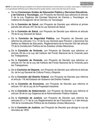 PROYECTO
NOTA: El orden del día que se publica en la Gaceta Parlamentaria la noche previa a la sesión, está sujeto a modificaciones
y a la aprobación definitiva que la Mesa Directiva pueda realizar, hasta antes del inicio de la misma.
6.

De las Comisiones Unidas de Educación Pública y Servicios Educativos,
y de Ciencia y Tecnología, con Proyecto de Decreto que adiciona el artículo
2 de la Ley Orgánica del Consejo Nacional de Ciencia y Tecnología, en
materia de divulgación de la Ciencia y la Tecnología.

7.

De la Comisión de Salud, con Proyecto de Decreto que reforma el primer
párrafo del artículo 341 bis de la Ley General de Salud.

8.

De la Comisión de Salud, con Proyecto de Decreto que reforma el artículo
79 de la Ley General de Salud.

9.

De la Comisión de Seguridad Pública, con Proyecto de Decreto que
reforma los artículos 13 y 14 de la Ley General para Prevenir y Sancionar los
Delitos en Materia de Secuestro, Reglamentaria de la fracción XXI del artículo
73 de la Constitución Política de los Estados Unidos Mexicanos.

10.

De la Comisión de Vivienda, con Proyecto de Decreto que adiciona un
artículo 29 bis a la Ley del Instituto del Fondo Nacional de la Vivienda para
los Trabajadores.

11.

De la Comisión de Vivienda, con Proyecto de Decreto que adiciona un
artículo 43 Ter de la Ley del Instituto del Fondo Nacional de la Vivienda para
los Trabajadores.

12.

De la Comisión de Deporte, con Proyecto de Decreto que reforma el artículo
2o. de la Ley General de Cultura Física y Deporte. SENA

13.

De la Comisión del Distrito Federal, con Proyecto de Decreto que reforma
el artículo 118 del Estatuto de Gobierno del Distrito Federal. SENADO

14.

De la Comisión de Economía, con Proyecto de Decreto que reforma el
artículo 191 de la Ley de la Propiedad Industrial. SENADO

15.

De la Comisión de Gobernación, con Proyecto de Decreto que reforma el
artículo 38 de la Ley Orgánica de la Administración Pública Federal.

16.

De la Comisión de Justicia, con Proyecto de Decreto que reforma los
artículos 61 y 71 de la Ley Reglamentaria de las Fracciones I y II del Articulo
105 de la Constitución Política de los Estados Unidos Mexicanos. SENADO

17.

De la Comisión de Justicia, con Proyecto de Decreto que abroga la Ley de
Amnistía de 1978. SENADO

3

10/12/2013 07:43 p.m.

 