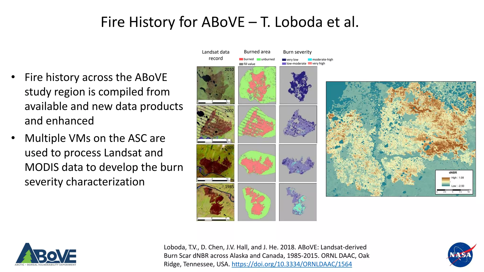 Above.nasa.gov @NASA_ABoVE
Burned area
unburnedburned very low
low-moderate
moderate-high
very high
1985
2005
2002
2010
fill value
Landsat data
record
Burn severity
Fire History for ABoVE – T. Loboda et al.
• Fire history across the ABoVE
study region is compiled from
available and new data products
and enhanced
• Multiple VMs on the ASC are
used to process Landsat and
MODIS data to develop the burn
severity characterization
Loboda, T.V., D. Chen, J.V. Hall, and J. He. 2018. ABoVE: Landsat-derived
Burn Scar dNBR across Alaska and Canada, 1985-2015. ORNL DAAC, Oak
Ridge, Tennessee, USA. https://doi.org/10.3334/ORNLDAAC/1564
 