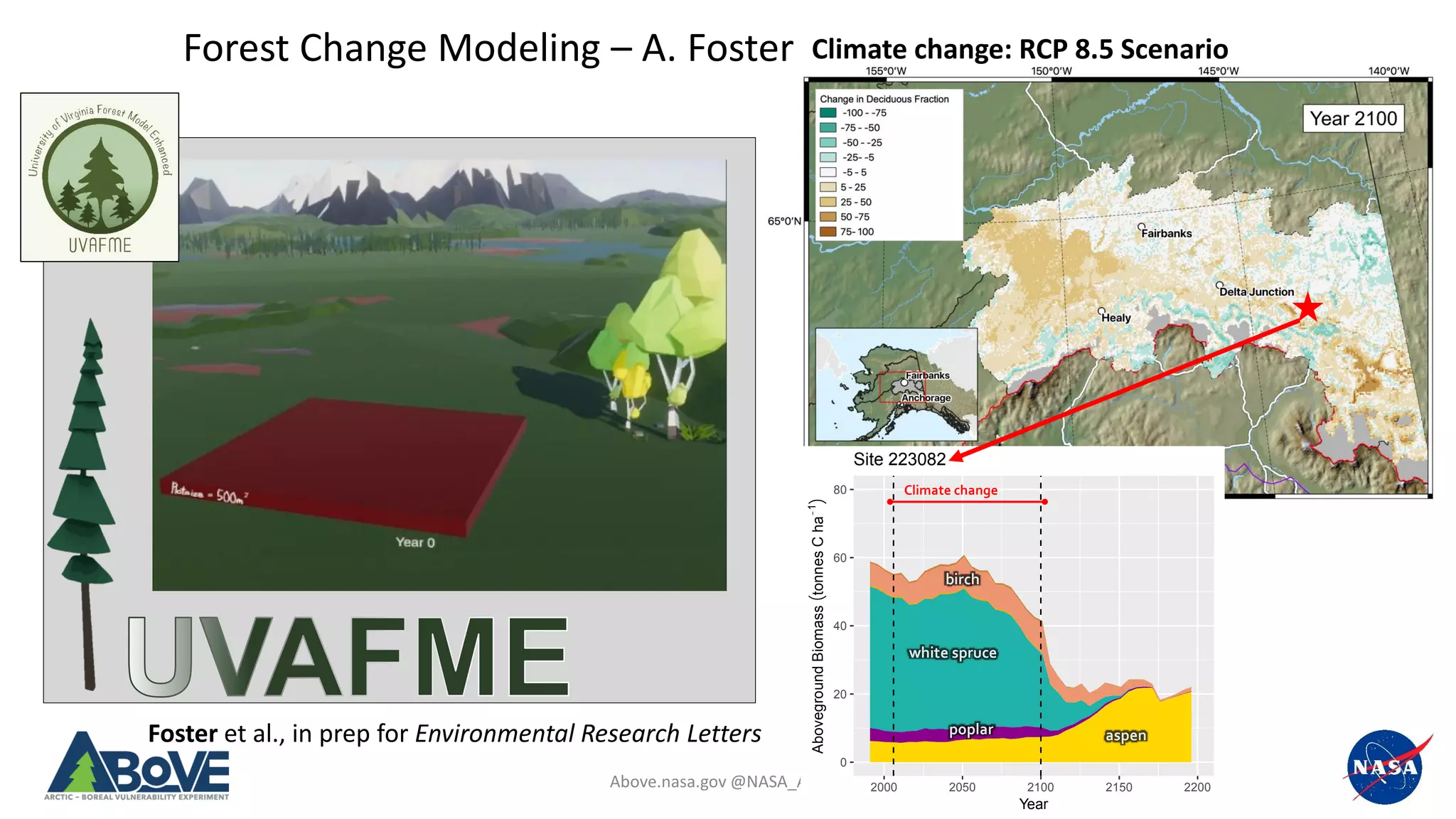 Above.nasa.gov @NASA_ABoVE
Foster et al., in prep for Environmental Research Letters
Climate change: RCP 8.5 Scenario
0
20
40
60
80
2000 2050 2100 2150 2200
Year
AbovegroundBiomass(tonnesCha-1
)
Species
Kenai birch
AK birch
Larch
White spruce
Black spruce
Balsam poplar
Quaking aspen
Site 223082
Climate change
white spruce
aspen
birch
poplar
Forest Change Modeling – A. Foster
 