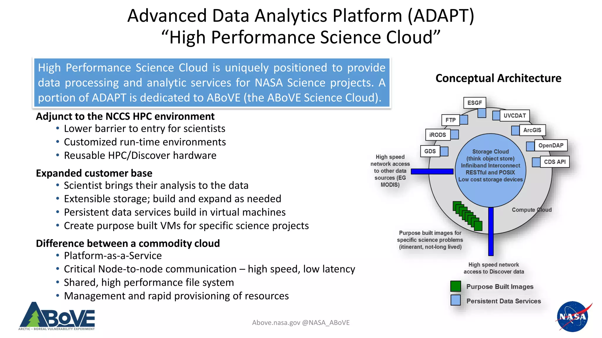 Above.nasa.gov @NASA_ABoVE
Advanced Data Analytics Platform (ADAPT)
“High Performance Science Cloud”
Conceptual Architecture
Adjunct to the NCCS HPC environment
• Lower barrier to entry for scientists
• Customized run-time environments
• Reusable HPC/Discover hardware
Expanded customer base
• Scientist brings their analysis to the data
• Extensible storage; build and expand as needed
• Persistent data services build in virtual machines
• Create purpose built VMs for specific science projects
Difference between a commodity cloud
• Platform-as-a-Service
• Critical Node-to-node communication – high speed, low latency
• Shared, high performance file system
• Management and rapid provisioning of resources
High Performance Science Cloud is uniquely positioned to provide
data processing and analytic services for NASA Science projects. A
portion of ADAPT is dedicated to ABoVE (the ABoVE Science Cloud).
 