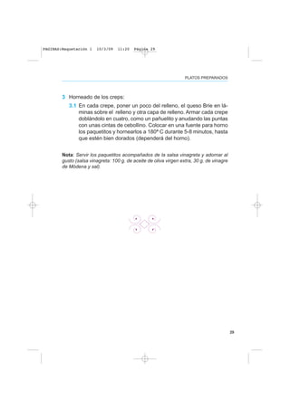 29
PLATOS PREPARADOS
3 Horneado de los creps:
3.1 En cada crepe, poner un poco del relleno, el queso Brie en lá-
minas sobre el relleno y otra capa de relleno. Armar cada crepe
doblándolo en cuatro, como un pañuelito y anudando las puntas
con unas cintas de cebollino. Colocar en una fuente para horno
los paquetitos y hornearlos a 180ª C durante 5-8 minutos, hasta
que estén bien dorados (dependerá del horno).
Nota: Servir los paquetitos acompañados de la salsa vinagreta y adornar al
gusto (salsa vinagreta: 100 g. de aceite de oliva virgen extra, 30 g. de vinagre
de Módena y sal).
PAGINAS:Maquetación 1 10/3/09 11:20 Página 29
 
