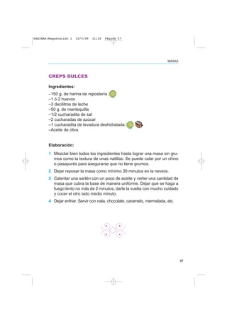 57
MASAS
CREPS DULCES
Ingredientes:
–150 g. de harina de repostería
–1 ó 2 huevos
–3 decilitros de leche
–50 g. de mantequilla
–1/2 cucharadita de sal
–2 cucharadas de azúcar
–1 cucharadita de levadura deshidratada
–Aceite de oliva
Elaboración:
1 Mezclar bien todos los ingredientes hasta lograr una masa sin gru-
mos como la textura de unas natillas. Se puede colar por un chino
o pasapurés para asegurarse que no tiene grumos.
2 Dejar reposar la masa como mínimo 30 minutos en la nevera.
3 Calentar una sartén con un poco de aceite y verter una cantidad de
masa que cubra la base de manera uniforme. Dejar que se haga a
fuego lento no más de 2 minutos, darle la vuelta con mucho cuidado
y cocer el otro lado medio minuto.
4 Dejar enfriar. Servir con nata, chocolate, caramelo, mermelada, etc.
PAGINAS:Maquetación 1 10/3/09 11:20 Página 57
 