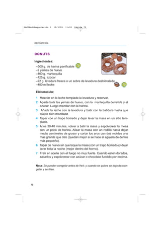 70
REPOSTERÍA
DONUTS
Ingredientes:
–500 g. de harina panificable
–2 yemas de huevo
–100 g. mantequilla
–125 g. azúcar
–22 g. levadura fresca o un sobre de levadura deshidratada
–400 ml leche
Elaboración:
1 Mezclar en la leche templada la levadura y reservar.
2 Aparte batir las yemas de huevo, con la mantequilla derretida y el
azúcar. Luego mezclar con la harina.
3 Añadir la leche con la levadura y batir con la batidora hasta que
quede bien mezclado
4 Tapar con un trapo húmedo y dejar levar la masa en un sitio tem-
plado.
5 A los 30-40 minutos, volver a batir la masa y espolvorear la mesa
con un poco de harina. Alisar la masa con un rodillo hasta dejar
medio centímetro de grosor y cortar los aros con dos moldes uno
más grande que otro (quedan mejor si se hace el agujero de dentro
más pequeño).
6 Tapar de nuevo sin que toque la masa (con un trapo húmedo) y dejar
levar toda la noche (mejor dentro del horno).
7 Freír en aceite con el fuego no muy fuerte. Cuando estén dorados,
sacarlos y espolvorear con azúcar o chocolate fundido por encima.
Nota: Se pueden congelar antes de freír, y cuando se quiera se deja descon-
gelar y se fríen.
PAGINAS:Maquetación 1 10/3/09 11:20 Página 70
 