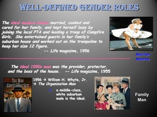 Well-Defined Gender Roles
The ideal modern woman married, cooked and
cared for her family, and kept herself busy by
joining the local PTA and leading a troop of Campfire
Girls. She entertained guests in her family’s
suburban house and worked out on the trampoline to
keep her size 12 figure.
                       -- Life magazine, 1956
                                                        Marilyn
                                                        Monroe
    The ideal 1950s man was the provider, protector,
   and the boss of the house. -- Life magazine, 1955

                1956  William H. Whyte, Jr.
                 The Organization Man
                        A   a middle-class,
                            white suburban              Family
                            male is the ideal.           Man
 