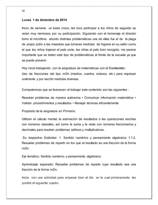 16 
Lunes 1 de diciembre de 2014 
Inicio de semana un lunes cívico, les toco participar a los niños de segundo se 
veían muy nerviosos por su participación. Siguiendo con el homenaje el director 
tomo el micrófono abordo distintas problemáticas una de ellas fue el de la plaga 
de piojos pidió a las maestras que tomaras medidas de higiene en su salón como 
el que los niños trajeran el pelo corto, las niñas el pelo bien recogido, me parece 
importante que se traten este tipo de problemáticas al frente de la escuela ya que 
se puede prevenir. 
Hoy inicie trabajando con la asignatura de matemáticas con el Contenido: 
Uso de fracciones del tipo m/2n (medios, cuartos, octavos, etc.) para expresar 
oralmente y por escrito medidas diversas. 
Competencias que se favorecen al trabajar este contenido son las siguientes : 
Resolver problemas de manera autónoma • Comunicar información matemática • 
Validar procedimientos y resultados • Manejar técnicas eficientemente 
Propósito de la asignatura en Primaria: 
Utilicen el cálculo mental, la estimación de resultados o las operaciones escritas 
con números naturales, así como la suma y la resta con números fraccionarios y 
decimales para resolver problemas aditivos y multiplicativos. 
Su respectivo Estándar: 1. Sentido numérico y pensamiento algebraico 1.1.2. 
Resuelve problemas de reparto en los que el resultado es una fracción de la forma 
m/2n. 
Eje temático: Sentido numérico y pensamiento algebraico 
Aprendizaje esperado: Resuelve problemas de reparto cuyo resultado sea una 
fracción de la forma m/2n. 
Inicie con una actividad para empezar bien el día en la cual primeramente les 
pondré el siguiente cuadro. 
 