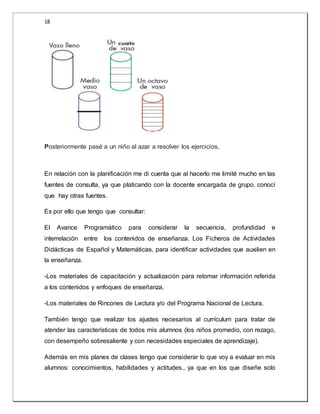 18 
Posteriormente pasé a un niño al azar a resolver los ejercicios, 
En relación con la planificación me di cuenta que al hacerlo me limité mucho en las 
fuentes de consulta, ya que platicando con la docente encargada de grupo, conocí 
que hay otras fuentes. 
Es por ello que tengo que consultar: 
El Avance Programático para considerar la secuencia, profundidad e 
interrelación entre los contenidos de enseñanza. Los Ficheros de Actividades 
Didácticas de Español y Matemáticas, para identificar actividades que auxilien en 
la enseñanza. 
-Los materiales de capacitación y actualización para retomar información referida 
a los contenidos y enfoques de enseñanza. 
-Los materiales de Rincones de Lectura y/o del Programa Nacional de Lectura. 
También tengo que realizar los ajustes necesarios al currículum para tratar de 
atender las características de todos mis alumnos (los niños promedio, con rezago, 
con desempeño sobresaliente y con necesidades especiales de aprendizaje). 
Además en mis planes de clases tengo que considerar lo que voy a evaluar en mis 
alumnos: conocimientos, habilidades y actitudes., ya que en los que diseñe solo 
 