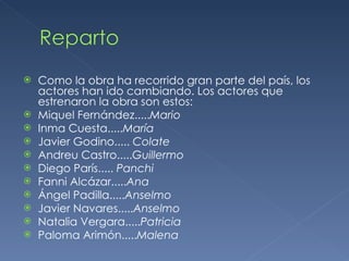 Como la obra ha recorrido gran parte del país, los actores han ido cambiando. Los actores que estrenaron la obra son estos:  Miquel Fernández..... Mario Inma Cuesta..... María Javier Godino.....  Colate Andreu Castro..... Guillermo Diego París.....  Panchi Fanni Alcázar..... Ana Ángel Padilla..... Anselmo Javier Navares..... Anselmo Natalia Vergara..... Patricia Paloma Arimón..... Malena   