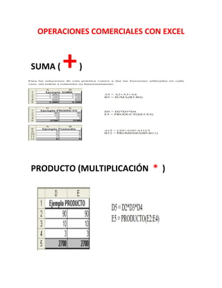 OPERACIONES COMERCIALES CON EXCEL
SUMA ( +)
PRODUCTO (MULTIPLICACIÓN * )
 