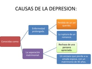 CAUSAS DE LA DEPRESION:
Conocidas como:
Enfermedad
prolongada.
Perdida de un ser
querido.
La ruptura de un
romance.
La separación
matrimonial.
Rechazo de una
persona
apreciada.
Un anciano que pierda a su
amada esposa, con un
matrimonio de 40 años.
 