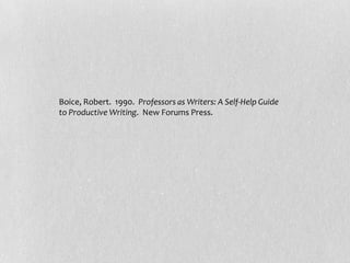 Boice, Robert. 1990. Professors as Writers: A Self-Help Guide
to Productive Writing. New Forums Press.
 