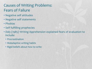 Causes of Writing Problems:
Fears of Failure
• Negative self attitudes
• Negative self statements
• Phobias
• Self fulfilling prophecies
• Daly (1985) Writing Apprehension explained fears of evaluation to
  include:
 • Procrastination
 • Maladaptive writing habits
 • Rigid beliefs about how to write
 