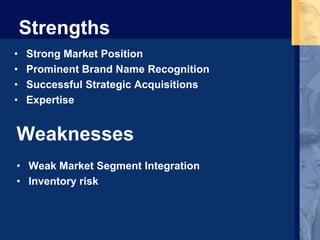 Weaknesses
• Strong Market Position
• Prominent Brand Name Recognition
• Successful Strategic Acquisitions
• Expertise
Strengths
• Weak Market Segment Integration
• Inventory risk
 