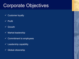 Corporate Objectives
 Customer loyalty
 Profit
 Growth
 Market leadership
 Commitment to employees
 Leadership capability
 Global citizenship
 