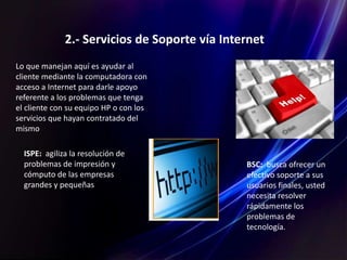 2.- Servicios de Soporte vía Internet
Lo que manejan aquí es ayudar al
cliente mediante la computadora con
acceso a Internet para darle apoyo
referente a los problemas que tenga
el cliente con su equipo HP o con los
servicios que hayan contratado del
mismo
ISPE: agiliza la resolución de
problemas de impresión y
cómputo de las empresas
grandes y pequeñas.
BSC: busca ofrecer un
efectivo soporte a sus
usuarios finales, usted
necesita resolver
rápidamente los
problemas de
tecnología.
 