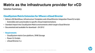 © Copyright 2012 Hewlett-Packard Development Company, L.P. The information contained herein is subject to change without notice.12
Solution Summary
Matrix as the infrastructure provider for vCD
CloudSystem Matrix Extension for VMware vCloud Director
• Delivers OO Workflows, Infrastructure Templates and vCloud Director integration PowerCLI scripts
− Extensible and customizable to specific vCloud implementations
• Standard import into CloudSystem Matrix environments which target vCloud Director
• Documented and available for download – 2H 2012
• Requirements
− CloudSystem matrix Core platform, 3PAR Storage
− Power CLI Scripts
− vCloud Director 5.x
 