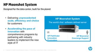 © Copyright 2012 Hewlett-Packard Development Company, L.P. The information contained herein is subject to change without notice.37
HP Moonshot System
Designed for the data center, built for the planet
HP Pathfinder
Innovation
Ecosystem
HP Moonshot
Concierge Support
HP Moonshot System
The world’s first software defined server
• Delivering unprecedented
scale, efficiency and choice
for customers
• Accelerating the pace of
innovation with
comprehensive programs by
partnering with industry
leaders to implement the new
style of IT
 