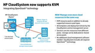 © Copyright 2012 Hewlett-Packard Development Company, L.P. The information contained herein is subject to change without notice.7
VMware, Hyper-V,
Integrity VM and
physical resource pools
Shared/dedicated
storage resource pool
HP CloudSystem
Matrix*
* Can also host
resource pools NEW!: Red Hat KVM
resource pool
(OpenStack® enabled)
Integrating OpenStack® technology
HP CloudSystem now supports KVM
NEW! Manage even more cloud
resources in the same way
• KVM resource pools in addition to already
supported resource pool types
• All templates and deployment driven by the
CloudSystem central management server
• Services can mix resources from different
pools; storage can be dedicated or shared
across pools
• No additional cloud management software
needed: CloudSystem includes all required
OpenStackTM
technology
Central
Management
Server
 