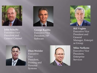 George Kadifa
Executive Vice
President, HP
Software
Bill Veghte
Executive Vice
President and
General
Manager, Enterpri
se Group
John Schultz
Executive Vice
President and
General Counsel
Dion Weisler
Executive
Vice
President,
Printing and
Personal
Systems
Mike Nefkens
Executive Vice
President,
Enterprise
Services
 